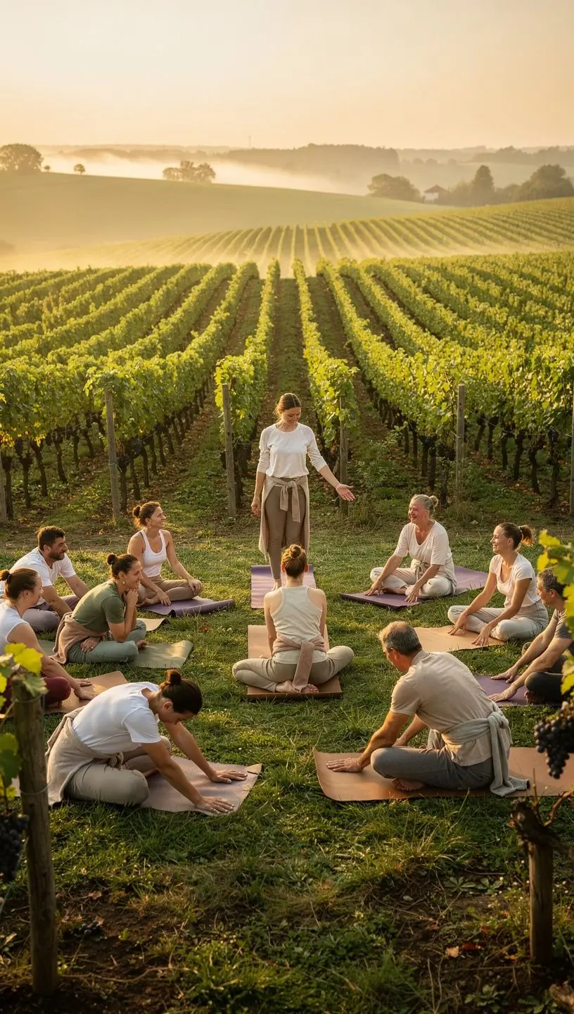 Uczestnicy warsztatów jogi korzystający z mat, słuchający wskazówek instruktora.