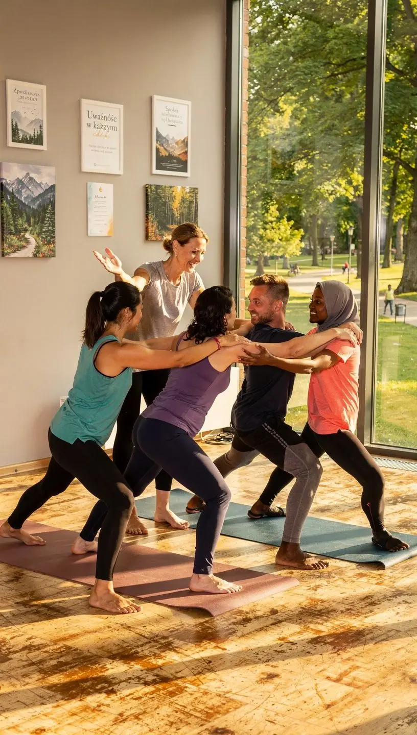 Grupa osób ćwiczących jogę na świeżym powietrzu w parku, z instruktorem prowadzącym zajęcia.