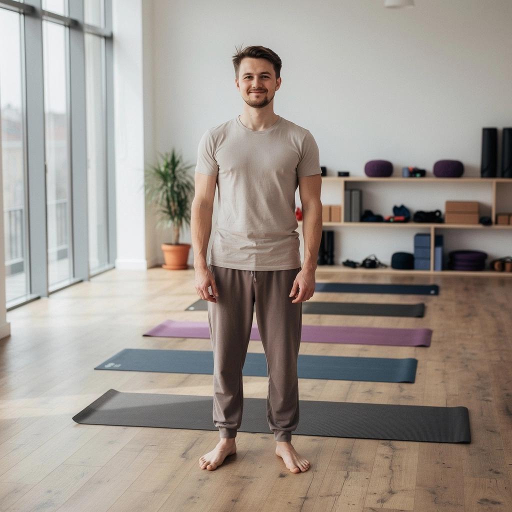 Instruktor demonstruje prawidłową technikę w pozycji psa z głową w dół